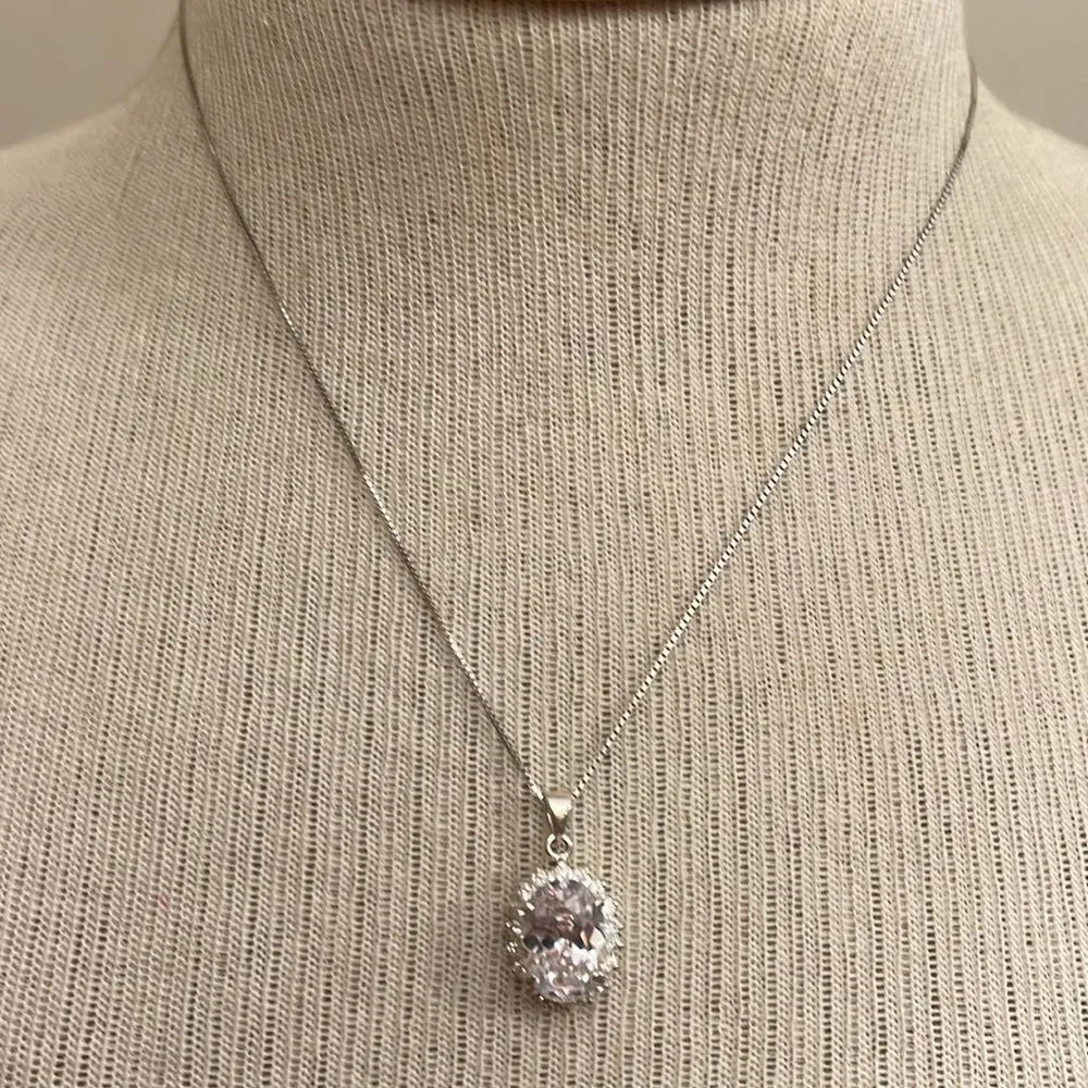 Vintage Oval Halo CZ Pendant with Sterling Silver Box Chain
